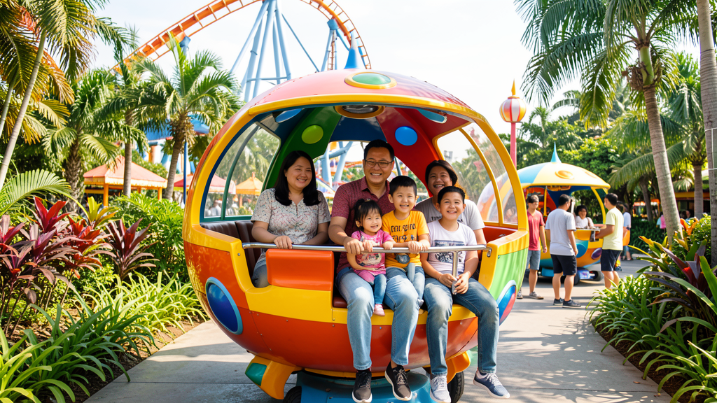 Family enjoying gentle ride at theme park