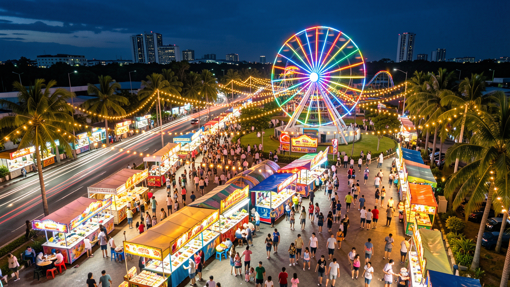 Night festival at Philippine amusement park with lights